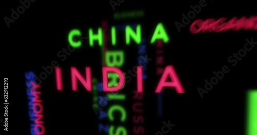 BRICS kinetic text abstract concept loop animated. Brazil Russia India China South Africa word typography seamless looping 3d animation.