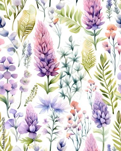 Wild Flowers bloom watercolor seamless pattern 