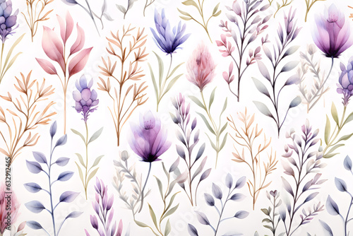 Wild Flowers bloom watercolor seamless pattern 