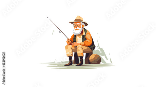 Figure elderly man fishing minimalism white background vector