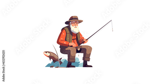 Figure elderly man fishing minimalism white background vector