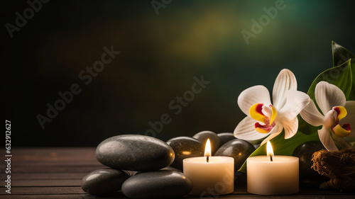 Aromatherapy wax soy organic natural balinese spa massage banner copy space burning candles with floral arrangement copy space banner