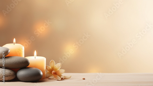 Aromatherapy wax soy organic natural balinese spa massage banner copy space burning candles with floral arrangement copy pace banner