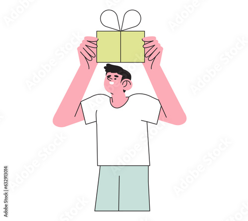 Happy smiling man holding gift box with presents and celebrate birthday or anniversary. Concept of corporate employee greeting, winner, surprise or Christmas event or grand opening with prizes.