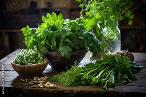 freshly picked herbs for salsa on a wooden table