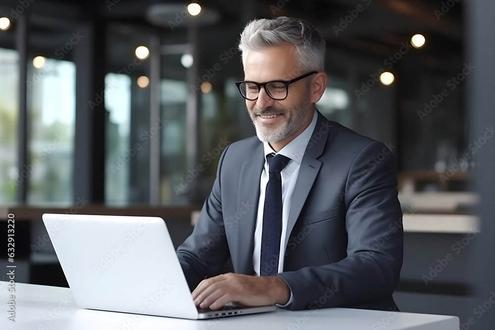 Smiling middle age businessman working laptop in modern office on colleagues background. Professional entrepreneur sitting in front of laptop, smiling at camera, copy space blur background.