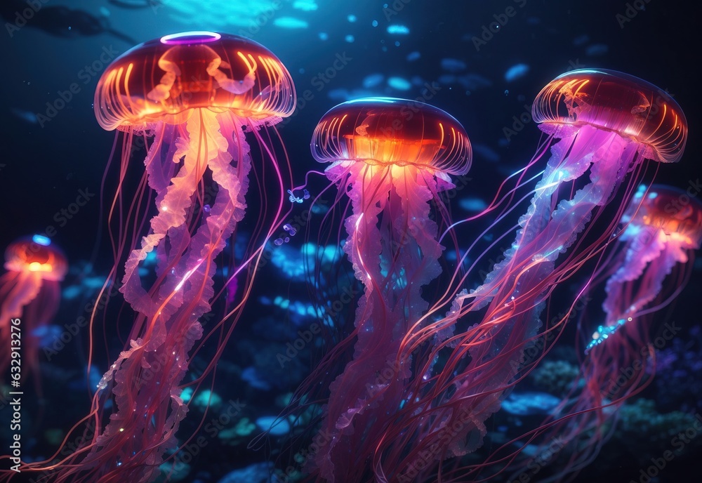 Bioluminescent jellyfish, neon glowing underwater Bioluminescent jellyfish, neon glowing underwater