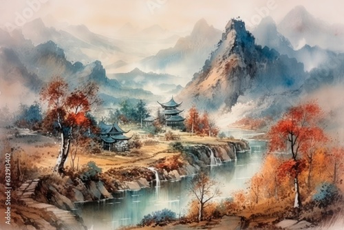 Painting of red trees and a river, in the style of traditional Chinese landscape. Generative AI. © Agustin