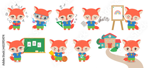 Back to school character set. Cartoon mascot preschool student and school supplies. Kawaii fox. Cute school clipart for teacher resourses, study app, ed tech web, stationery, sticker, animation.