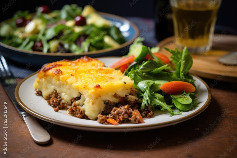 slice of shepherds pie on a plate with side salad