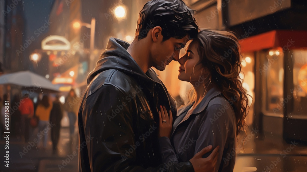 Obraz premium Illustration of a romantic young couple in love, kissing in a lovely evening on a busy road
