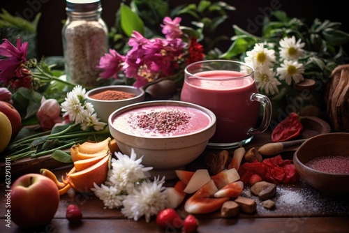 artistic shot of smoothie bowl ingredients scattered on a table