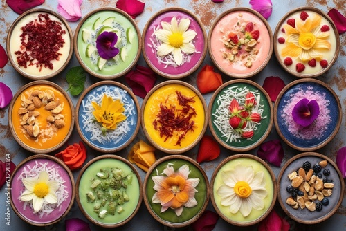 overhead shot of colorful smoothie bowls with various toppings