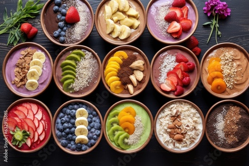 various smoothie bowls with different flavors