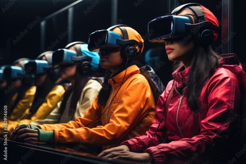 People wearing virtual reality headset. VR goggles innovation technology. Generative AI