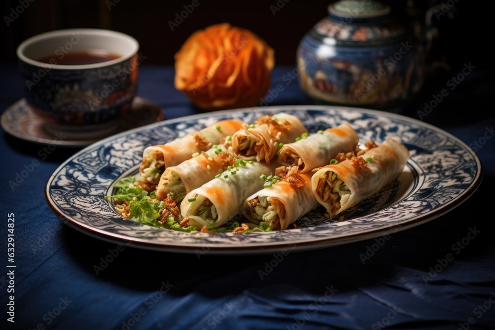 finished spring rolls on a serving plate finished spring rolls on a serving plate