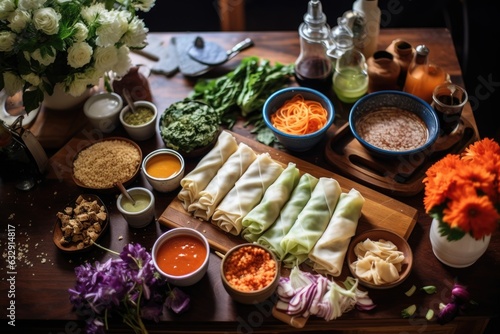 flat lay of spring roll preparation process