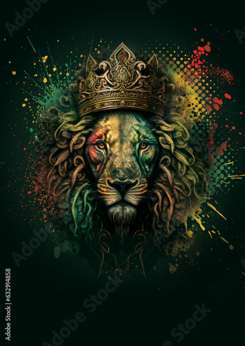 Graffiti street art illustration of rasta reggae lion with dreadlocks in crown on dark-green background with colorful spray splashes around it photo