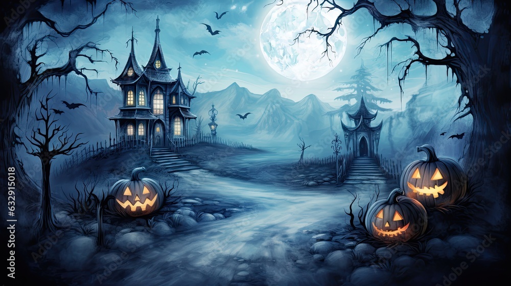 halloween, many pumpkins with blur halloween background