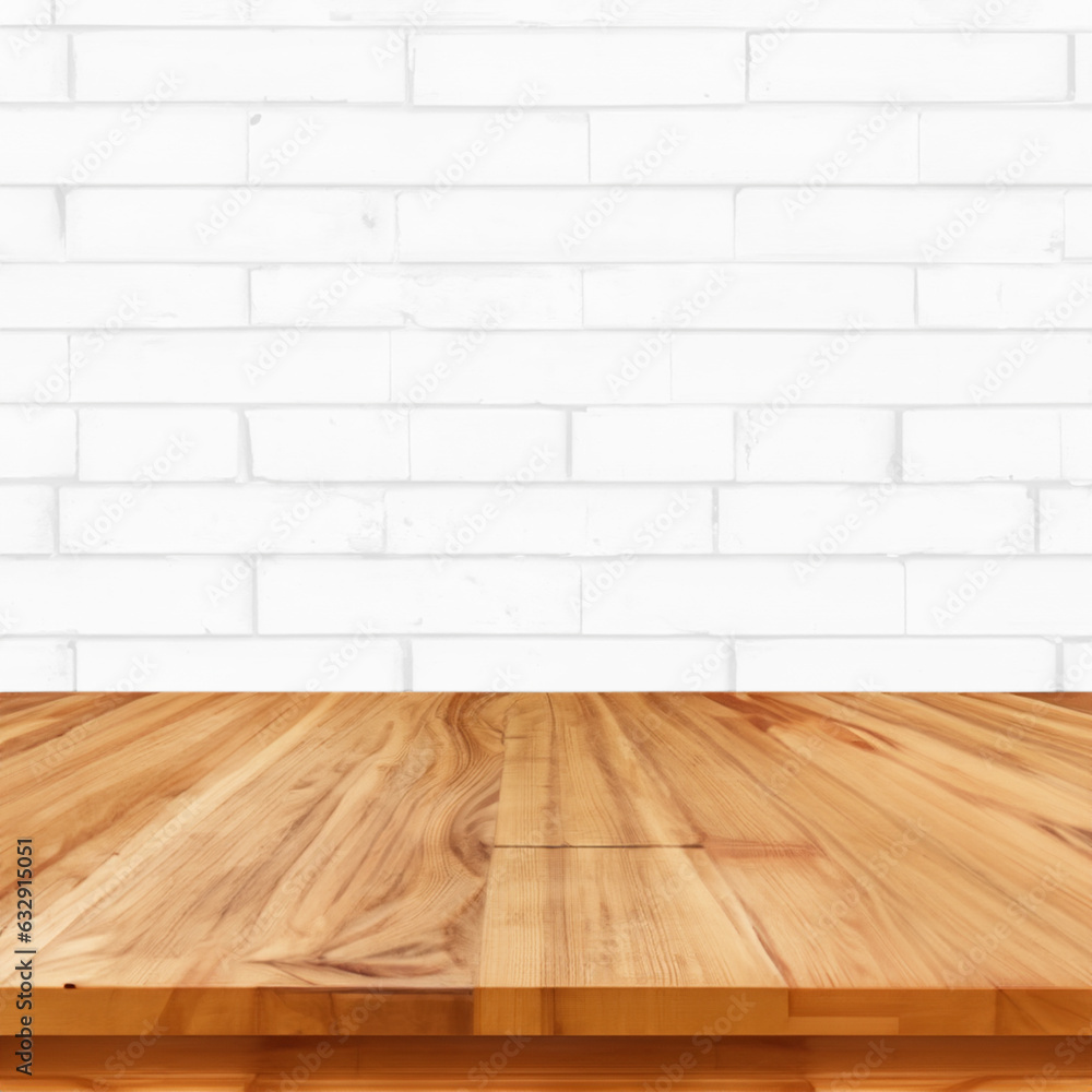 Wooden table with white bricks background Wooden table with white bricks background