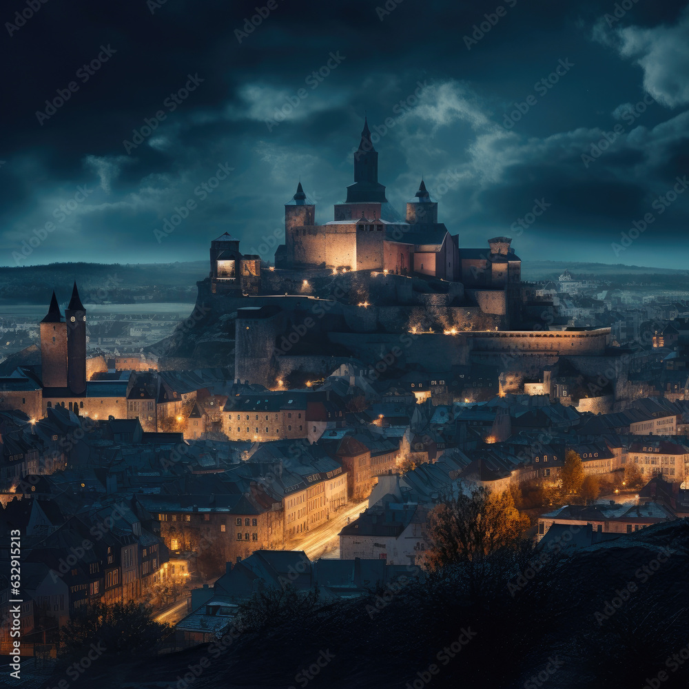 Nocturnal View of Castle and Basilica in City