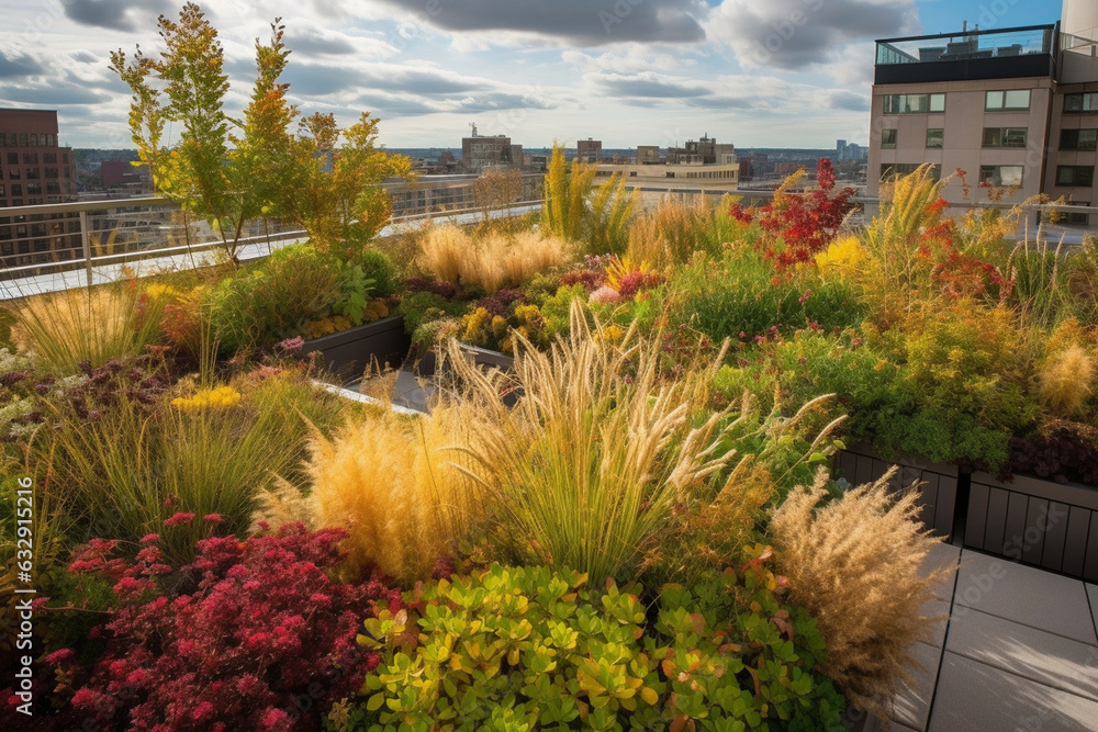 Rooftop garden featuring a mix of colorful flowers and ornamental grasses, Urban rooftop oasis, 