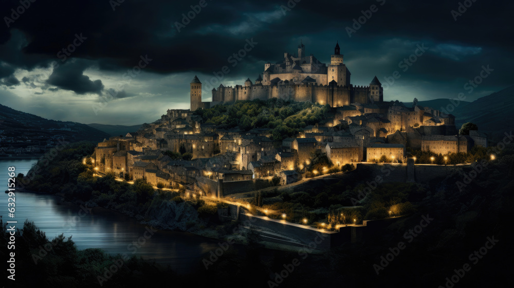 Enchanting Medieval Cityscape: Basilica and Castle Under the Night Sky