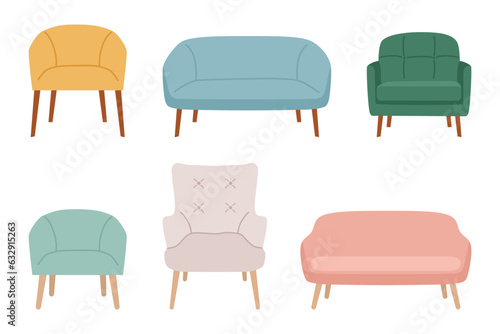 Set of sofas and armchairs in cartoon flat style. Interior furniture.