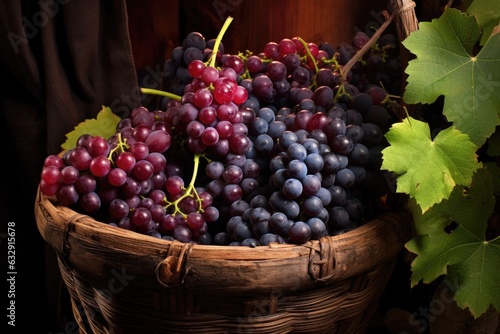close-up of wine grapes in a wooden basket