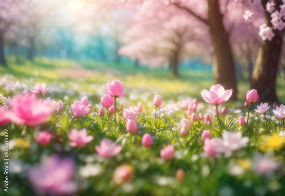 Beautiful blurred spring background nature with blooming glade