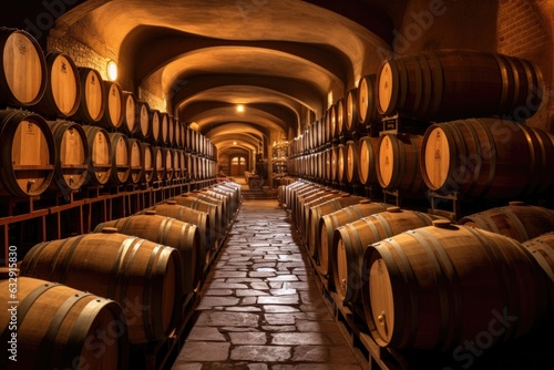 oak barrels aging wine in a cellar