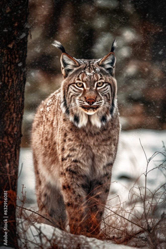 Obraz premium A lynx was stealthily prowling through the snowy forest. Generative AI.