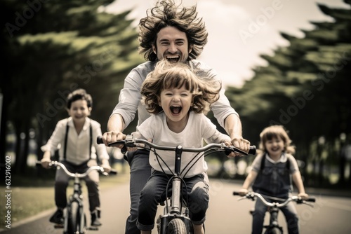 Father and mother and children wearing helmet riding bike together. Generative AI © itchaznong