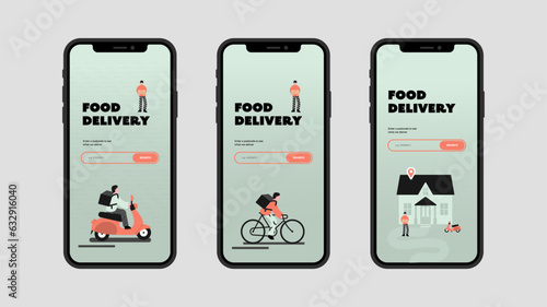 Food delivery app. Food delivery characters illustration, food delivery driver, food delivery service. Food delivery driver on moped.