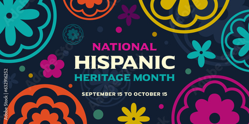 National Hispanic heritage month, banner, vector, poster,  social media post, card, printable with Hispanic culture, pattern, floral border, background. American, Mexican culture