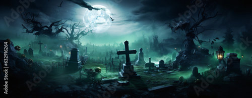 A halloween cemetery and graveyard with a full moon