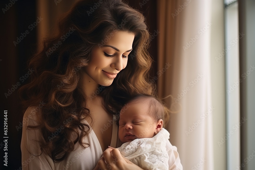 Young mother lovingly cradles her newborn baby in her arms Young mother lovingly cradles her newborn baby in her arms