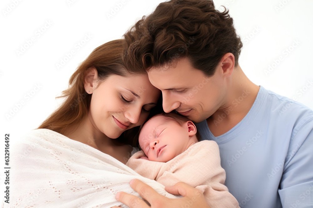 Both the mother and father lovingly cradle their newborn baby