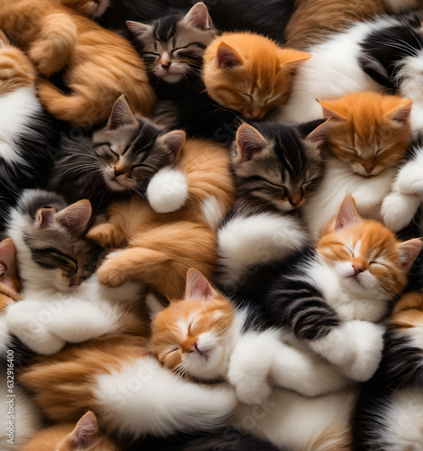 Multi-colored kittens sleeps on each other. Little soapy kittens lie funny, hug and relax. a bunch of fluffy sleeping kittens. many sleeping cats. background animals. generative AI © EVISUAL