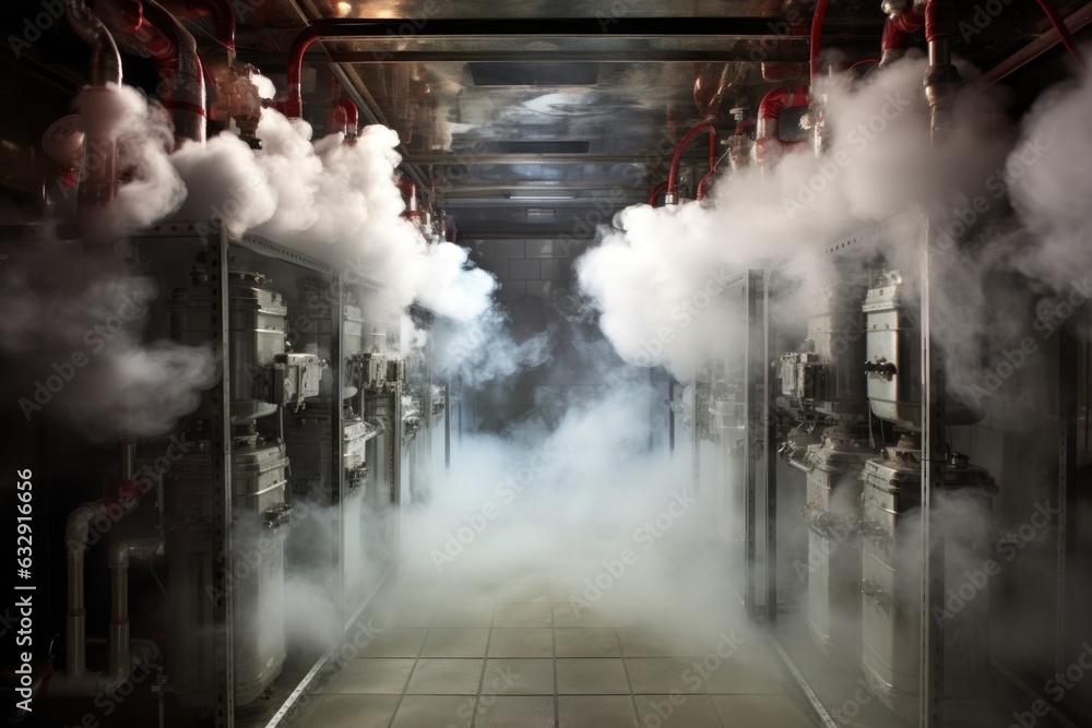liquid nitrogen vapors in cryonic storage room