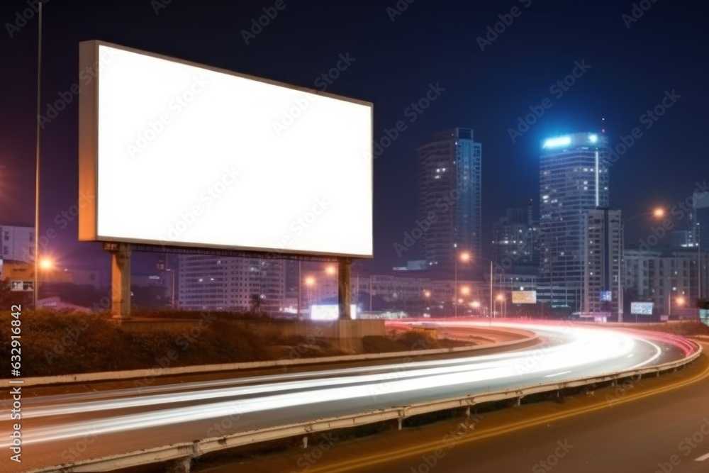 Blank billboard on the highway during the twilight with city background with clipping path on screen, Generative AI