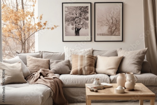 neutral-colored throw pillows and blankets on couch