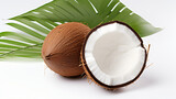 Coconut with half and leaves isolated on white background