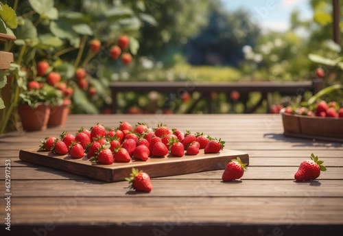 A wooden table with strawberry on the right and copy space on the left, garden on the background
