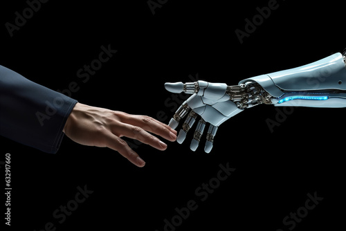 Robot hand and a human hand come together, showcasing the concept of human-machine interaction and artificial intelligence, isolated on black background.