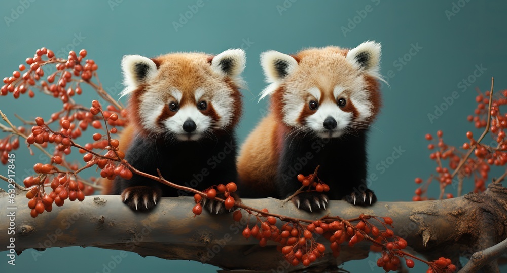 Obraz premium Red panda peeking out from behind a tree. Turquoise background with copy space. A rare feline bear listed in the Red Book. The threat of extinction of an unusual canine predator.