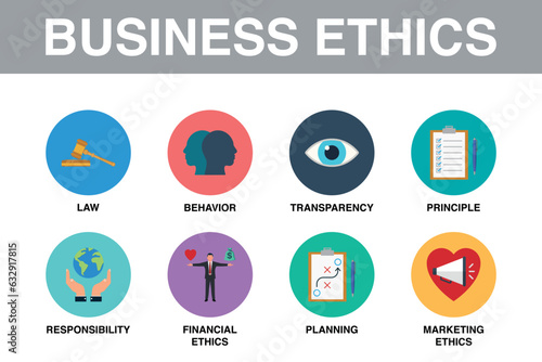 Business ethics vector icon set 1 with keywords