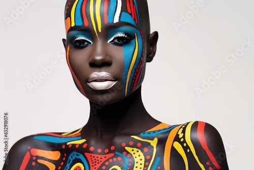 Beautiful glamour African woman with black skin body art.
