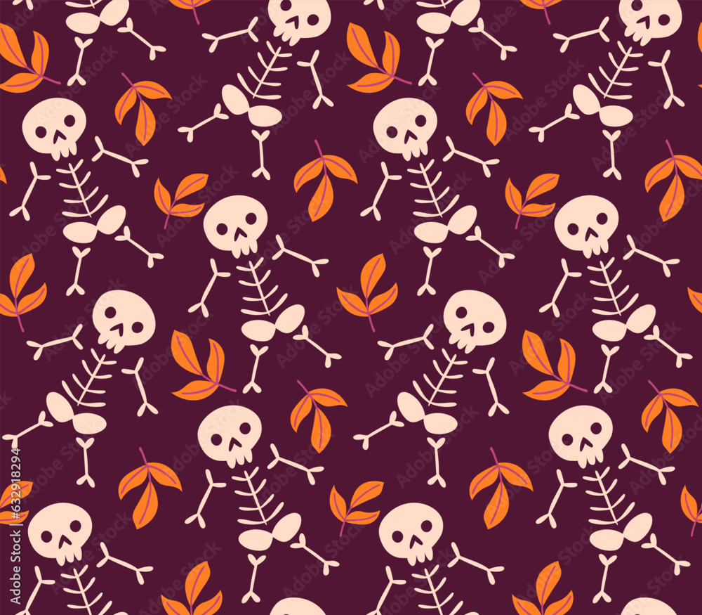 Naklejka premium Seamless autumn pattern with skeleton. Cute Halloween Wallpaper