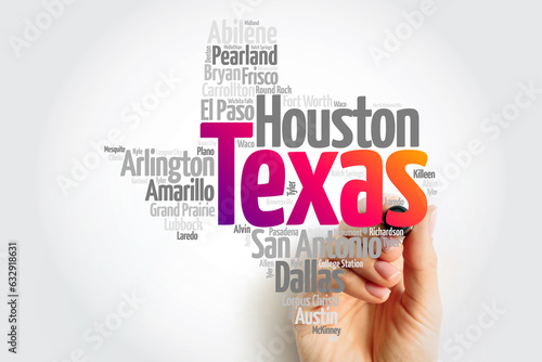 List of cities in Texas USA state word cloud map, concept background photo